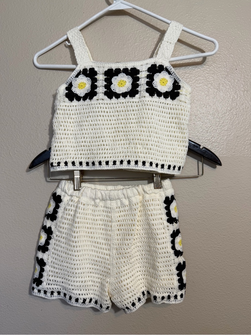 btween White Crochet Daisy Tank & Shorts Set with Black and Yellow Accents